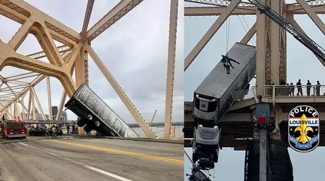 ABD’de köprü bariyerlerine çarpan kamyon havada asılı kaldı